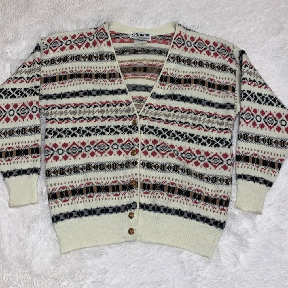 Vintage 80’s Amana Colorful Knit Button Down Cardigan‎ Sweater Size Large